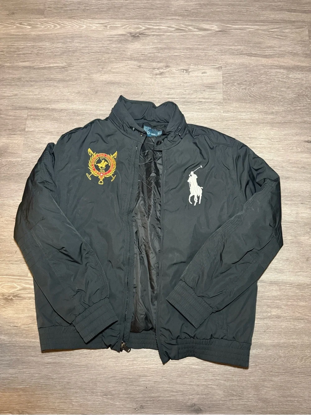 Ralph Lauren Black Bomber Jacket with Embroidered Crest and Polo Logo